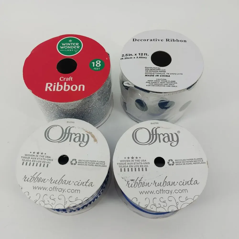 Blue Ribbon Lot Set of 4 Gingham Polkadot Solid Silver Metallic